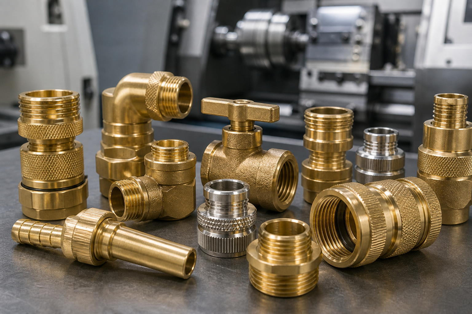 Precision-machined brass garden hose fittings with CNC and thread details
